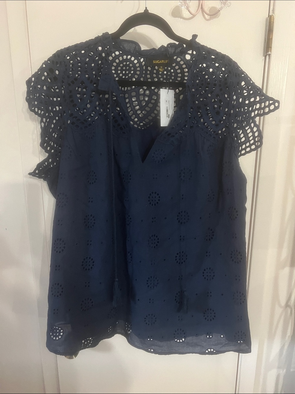 Sugarlips Navy Eyelet Lace Cap Sleeve Blouse